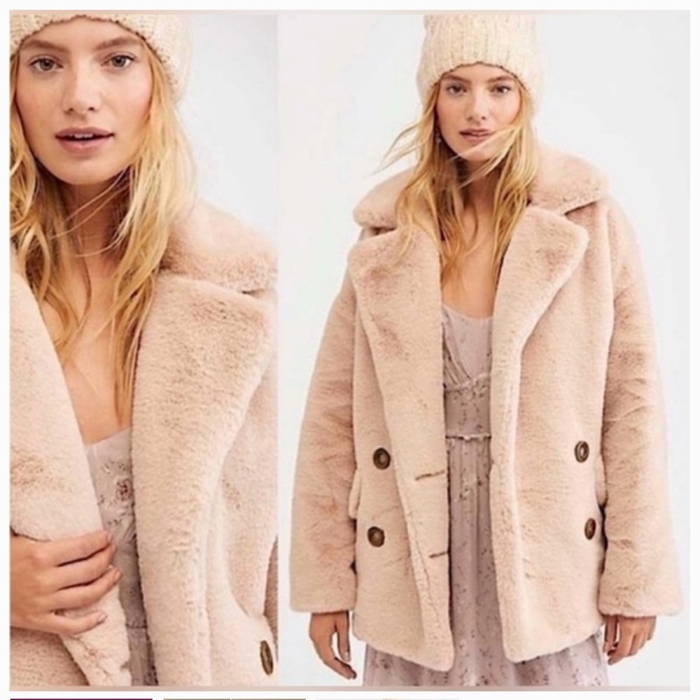 Free People Kate Blush Pink  Faux Fur XS double breasted jacket coat